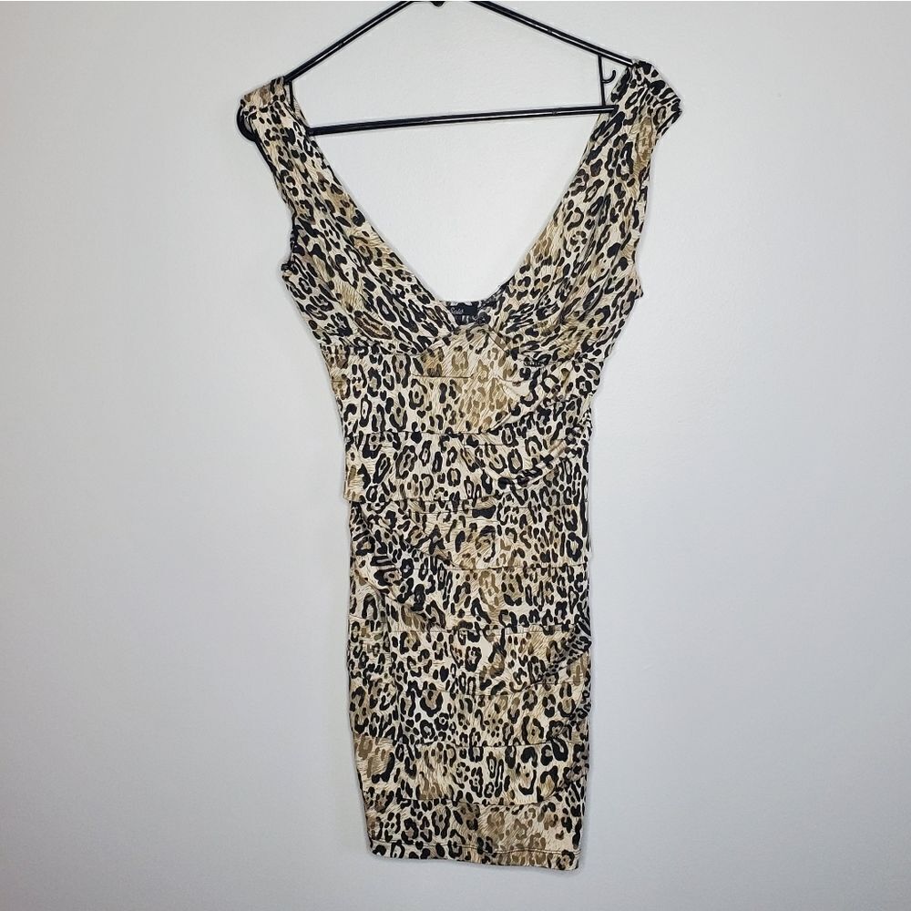 Selé S Women's Midi Bodycon Tiered Layer Dress Gold Sparkly Leopard Cheetah